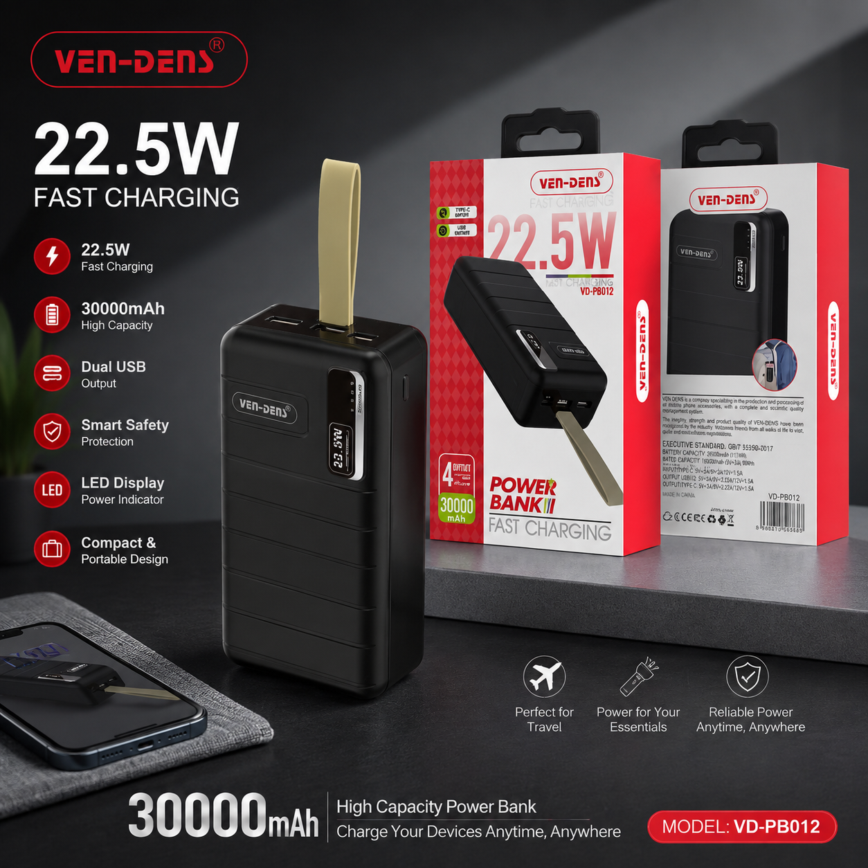 🔋 VEN-DENS 30000mAh Fast Charging Power Bank ⚡