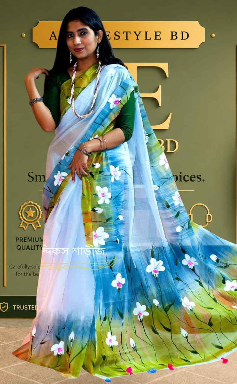হাফসিল্ক শাড়ীতে হ্যান্ডপ্রিন্ট তুলির কাজ করা